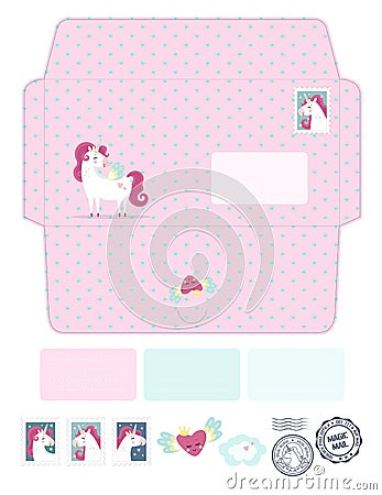 Magic vector die laser cut envelope template with unicorns. Fantasy and lovely set. Vector Illustration